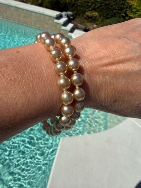 Kenneth Jay Lane Double Strand Champagne Pearl Bracelet 8” CZ Clasp